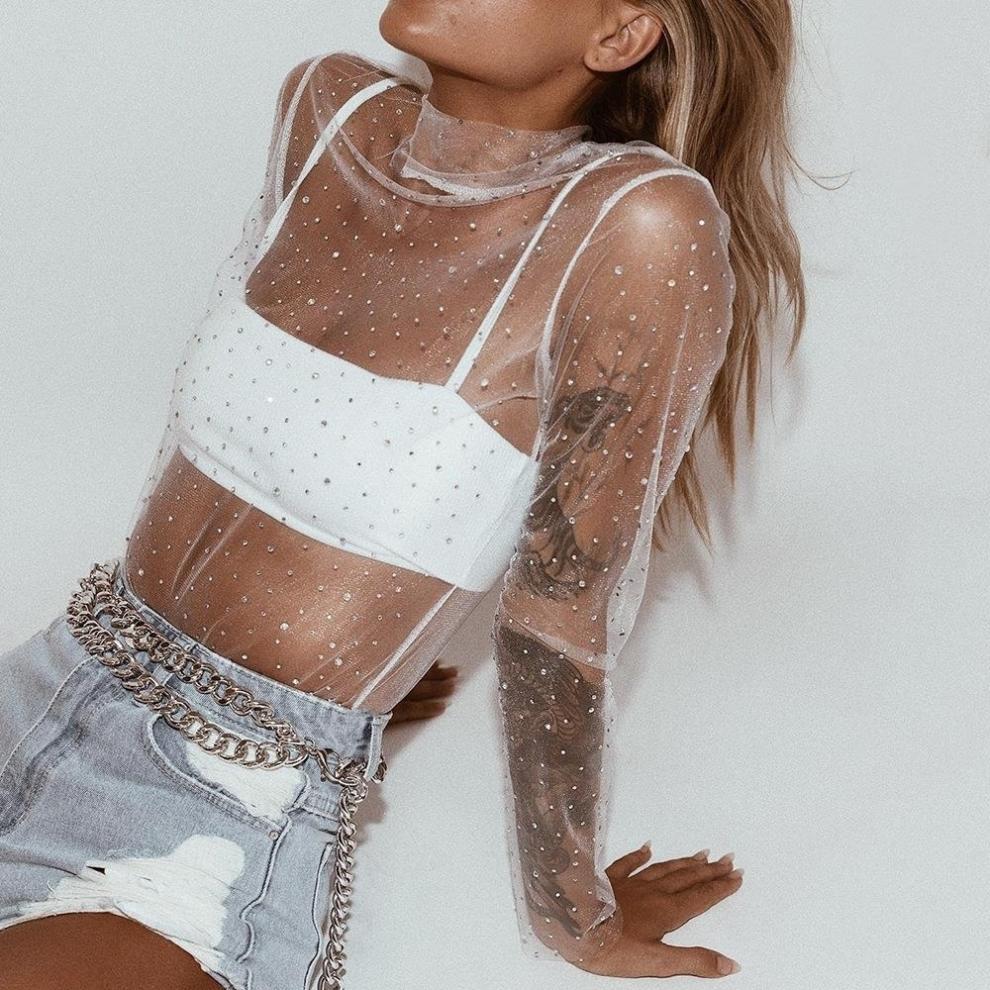 Women's Transparent Lace Mesh Top With Sequins See Through Stylish Layering Trendy Base Layer Top_ecoleips.com