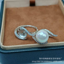 电镀S925纯银交叉戒指简约女戒指珍珠活口可调节指环手工 DIY配件