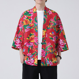 2024 spring and summer new men's trendy casual mid-sleeve cardigan Chinese style northeast big flower plus size sun protection clothing Hanfu