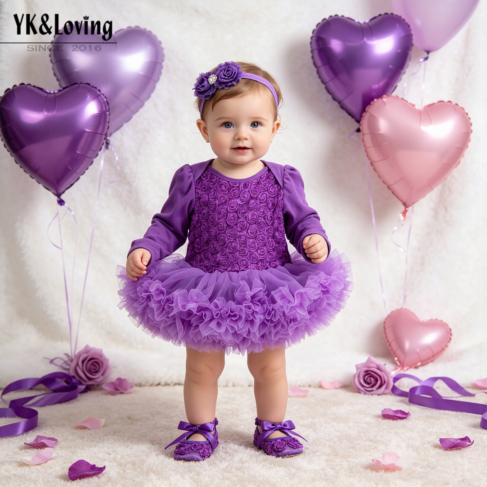 Cross-border baby spring and autumn clothing, solid-color long-sleeved romper with rose flower design, for girls aged 0-2 years, princess dress