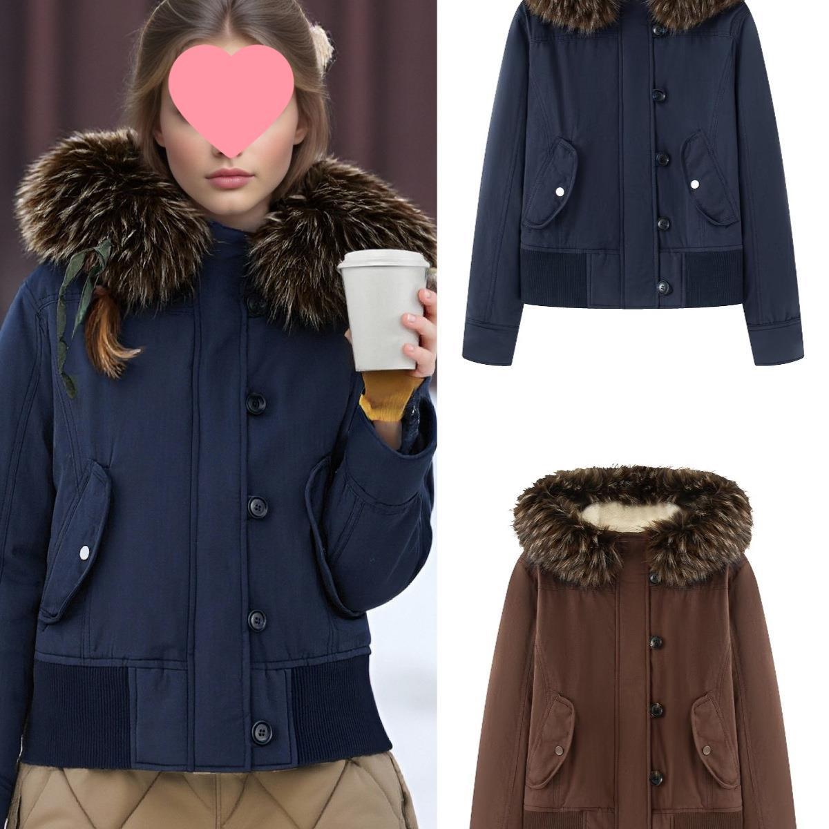 外套口袋跨境牛仔可拆卸毛领外贸女装跨境短款欧美风秋季深蓝色