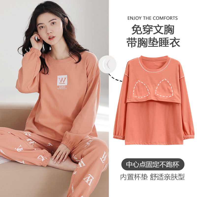 100% cotton pajamas autumn and winter women's cartoon casual thin with chest pad can be worn outside home wear spring and autumn suit