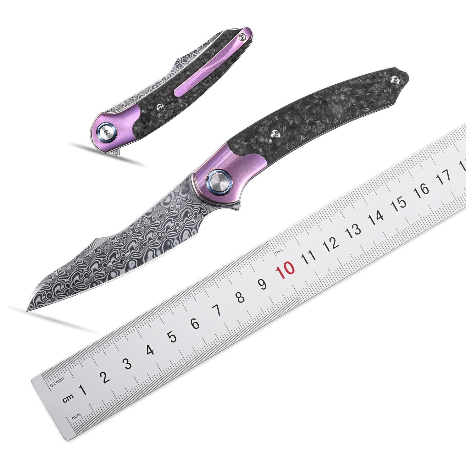 ST241大马士革钢折叠刀，大马士革刀片钛碳纤维手柄内衬EDC户外