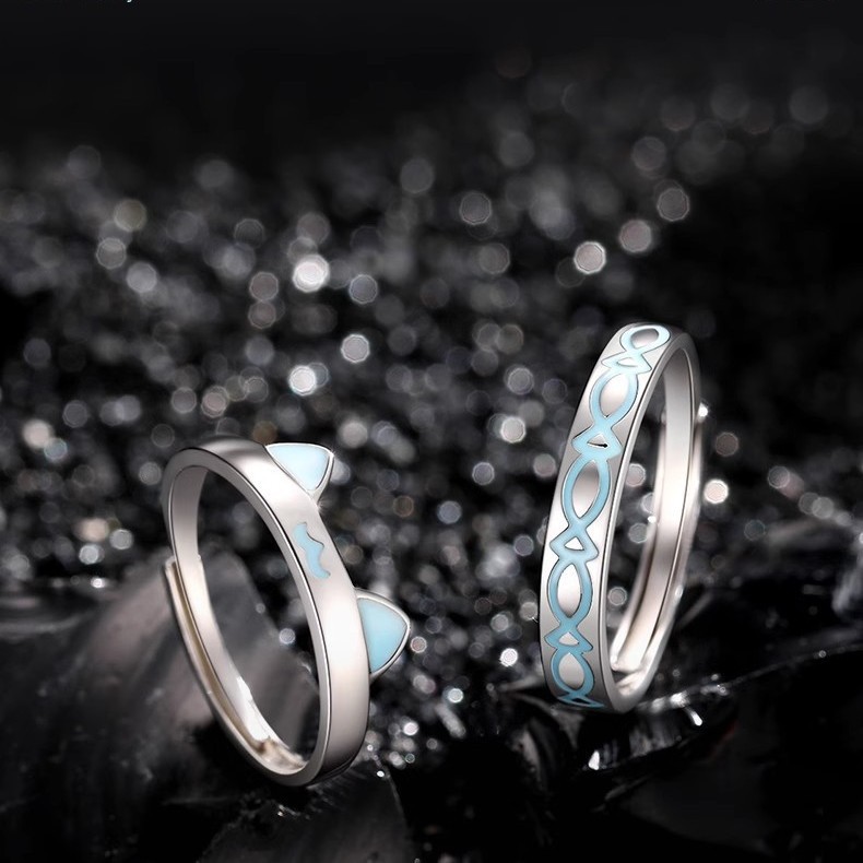 Luminous Catfish Love Couple's Ring Pair of Ins Niche Simple Cartoon Pair Ring Fluorescent Open Ring