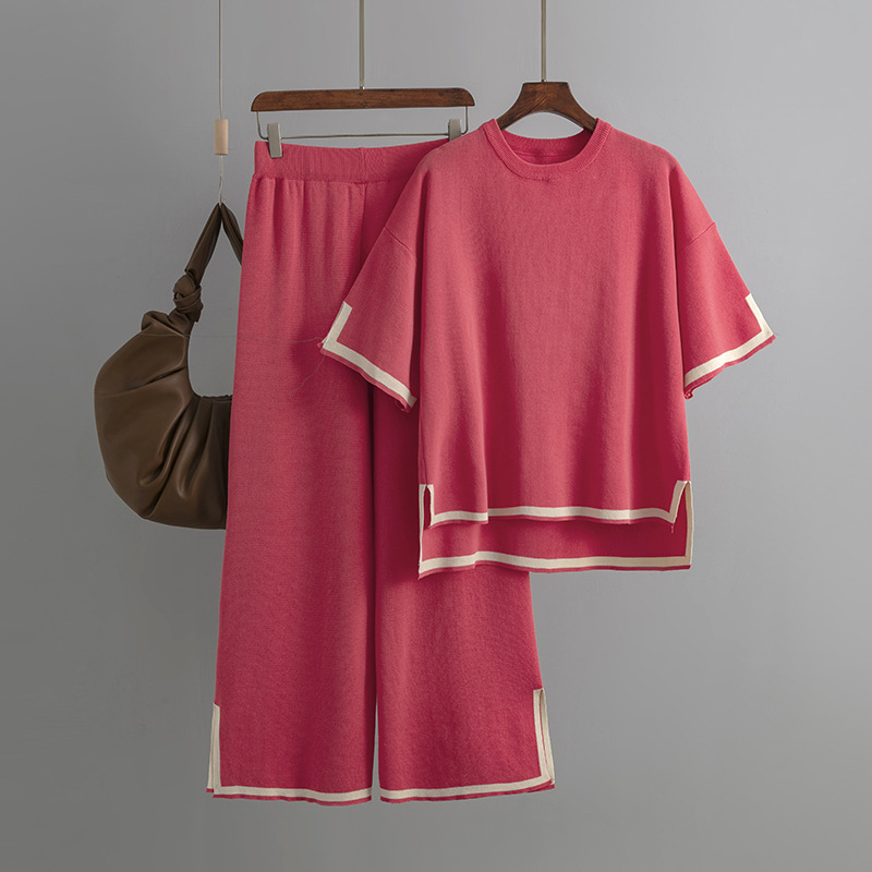 577g Weight Short Sleeve Sleeve Length Pullovers Placket Type Full Length Pants Length Viscose Fabric Type Long Top Length Wide Leg Pants Pants Type Pant Co-ord Set Sets Type 2 Piece Set Quantity Daily Occasion Round Neck Neckline Regular Fit Fit Type Color Block Pattern Summer Season Casual, Simple Style Style Daily Women'S Casual Simple Style Color Block Viscose Pant Co-ord Set Pants Sets 2