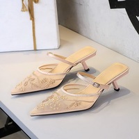 5131-6 Wind Lace Mesh Fine Heel Pointed Half Dragged Female Flower Embroidery Sexy Hollow One Piece Slippers