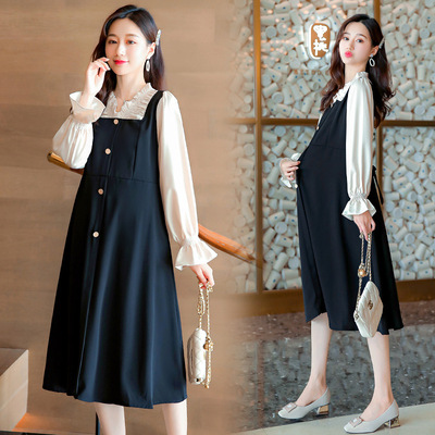 孕妇拼接假两件连衣裙2021秋季新款中长款宽松大码孕妇装|ru