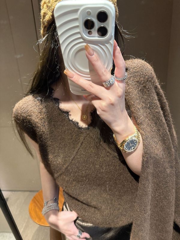 法式时尚针织套装女2025秋冬新款蕾丝拼接针织背心＋开衫两件套|undefined
