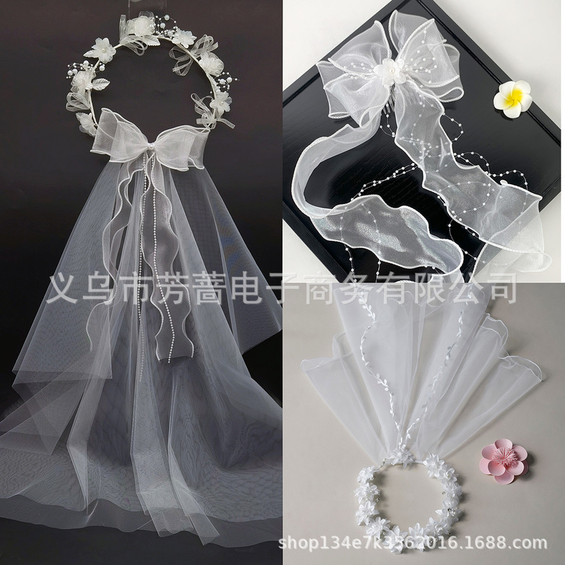 European and American white bridal wreath headband veil wedding bow rattan pearl wedding party single headdress