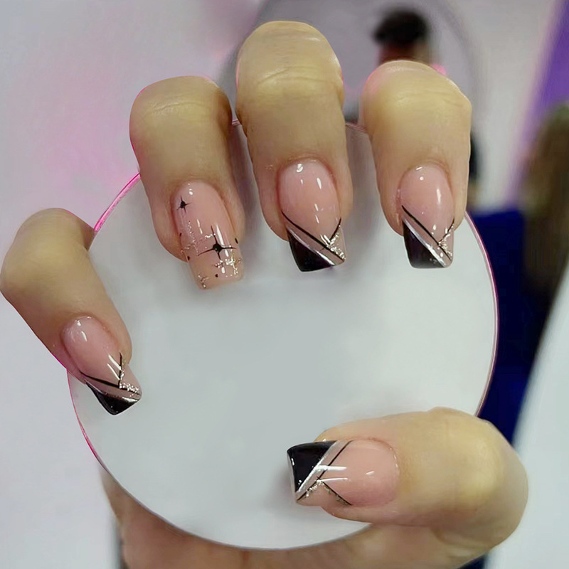 Patchs à ongles roses à paillettes, étoiles triangulaires noires, minimalistes européennes, style Instagram_voghion.com