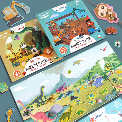 Cross-border baby magnetic stickers, scene layout, quiet stickers, large puzzle books, dinosaur festival awareness