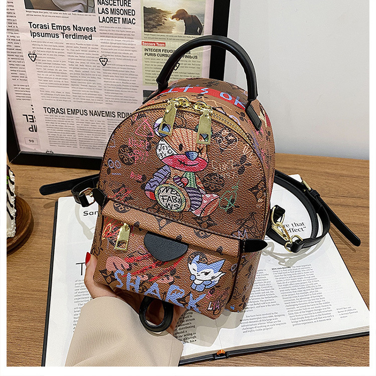 Stylish Graffiti Printed Backpack For Women Cute Bear School Bag_voghion.com