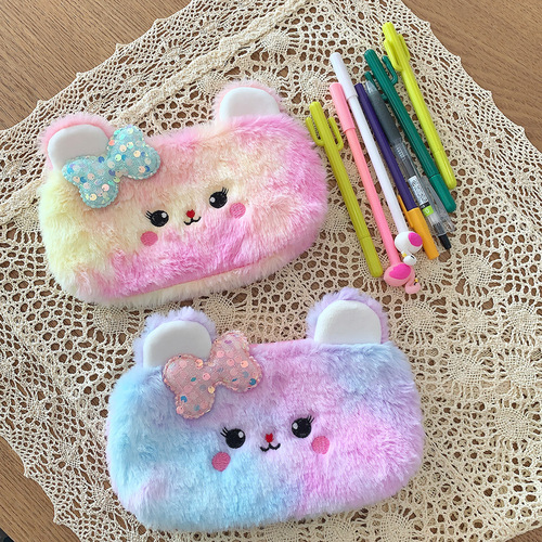 New Cute Colorful Bow Bear Pencil Case Fuzzy Girly Student Pencil Supply Bag Gift Wholesale