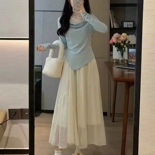 Cozy Winter-Spring Tea Party Dress Set: Irregular Long-Sleeve Top with High-Waisted Skirt