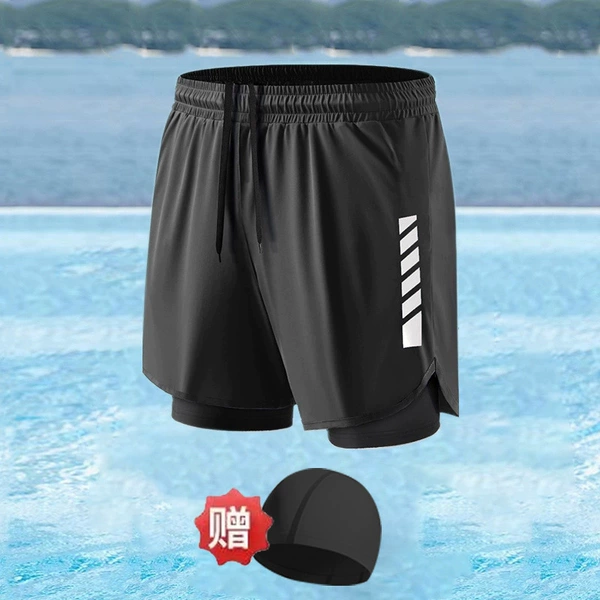 Black trousers, swimming cap