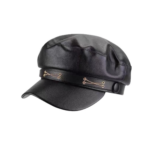 English Retro PU Flat Cap, Ins Korean Style Fashion Black Leather Hat, Slimming Bell Cap for Women, Autumn/Winter Wholesale