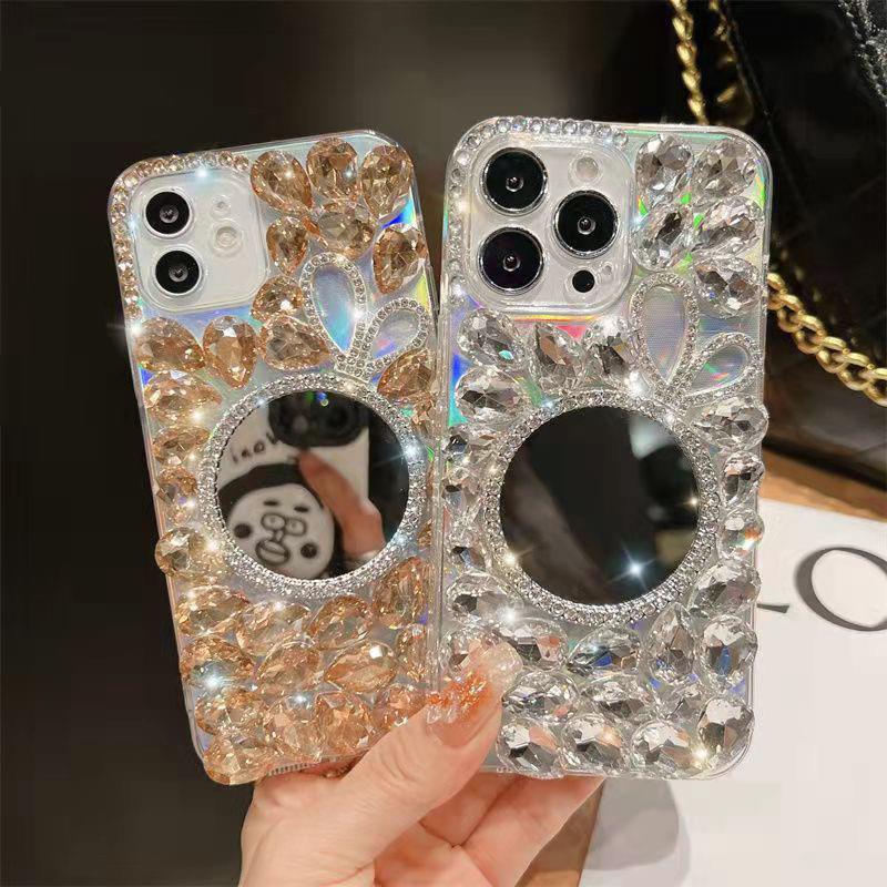 Suitable for Apple 16Pro Phone Case with Mirror Sticker, Iphone17Promax Rabbit Ear Mirror, 14 Full Diamond Luxury Suitable for Apple 16Pro Phone Case with Mirror Sticker, Iphone17Promax Rabbit Ear Mirror, 14 Full Diamond Luxury