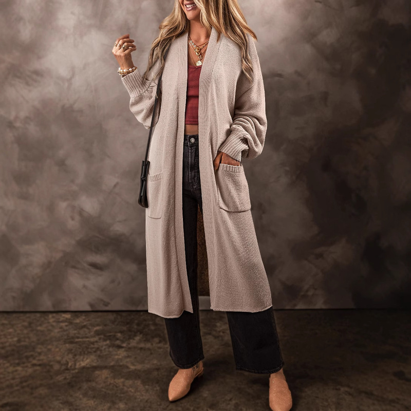Trendy Autumn/Winter New Solid Color Knit Sweater for Women, European and American Style, Long, Simple, Versatile, Loose, Slimming, Long Sleeve Cardigan for Women
