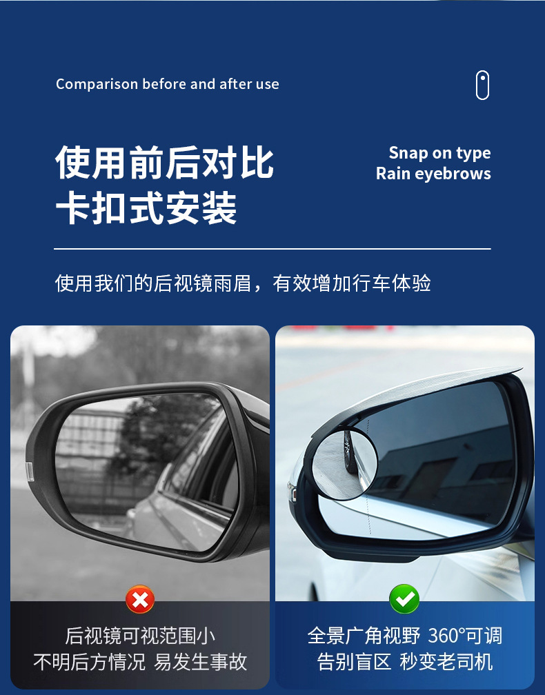 Car Rearview Mirror Carbon Fiber Rain Eyebrow Small Round Mirror Integrated Reflector Rotating Blind Spot Mirror Reversing Mirror Rain Shield