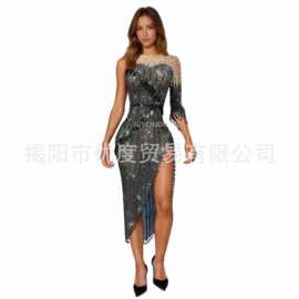 个性单肩闪耀水钻开叉网纱连衣裙酒会派对礼服时装秀演出发菜裙
