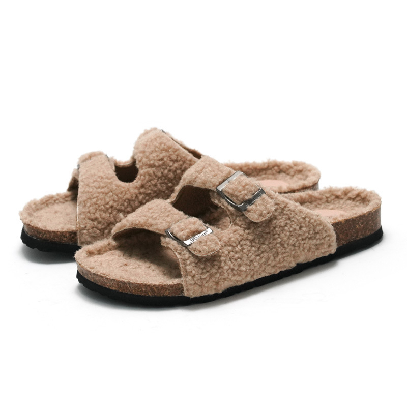 Ruizu New Autumn and Winter Women's Cork Slippers Lambskin Men's Slippers Outer Wear Casual Beach Shoes Warm