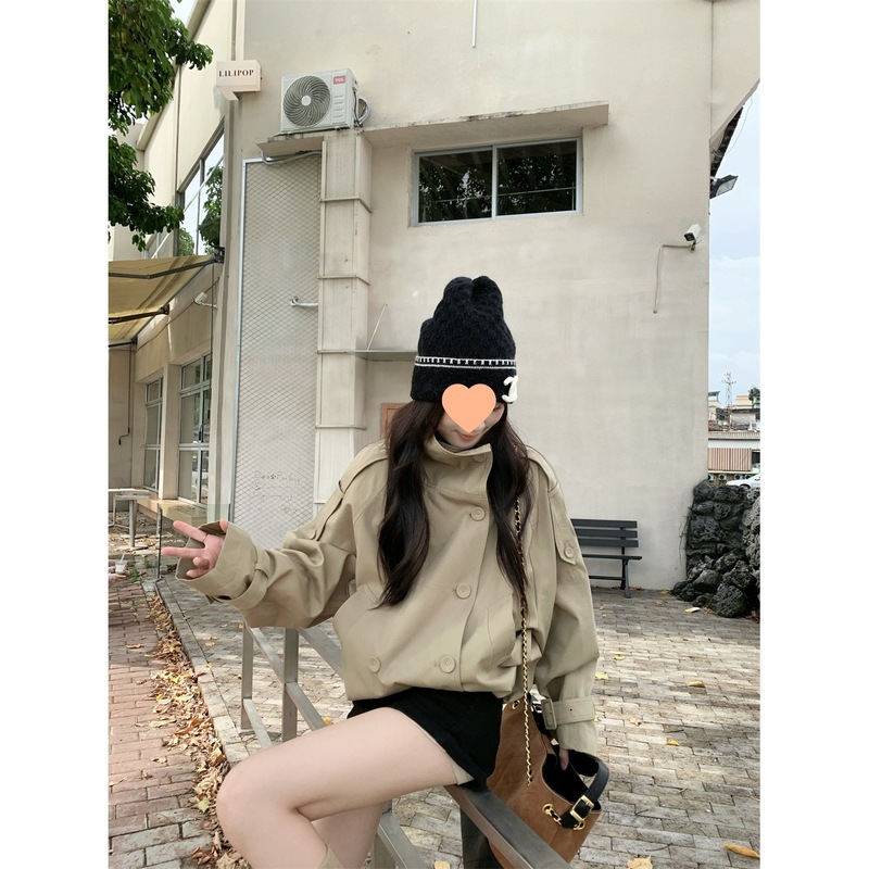 韩系新款英伦风气质立领风衣外套女秋季双排扣卡其色宽松百搭上衣|undefined