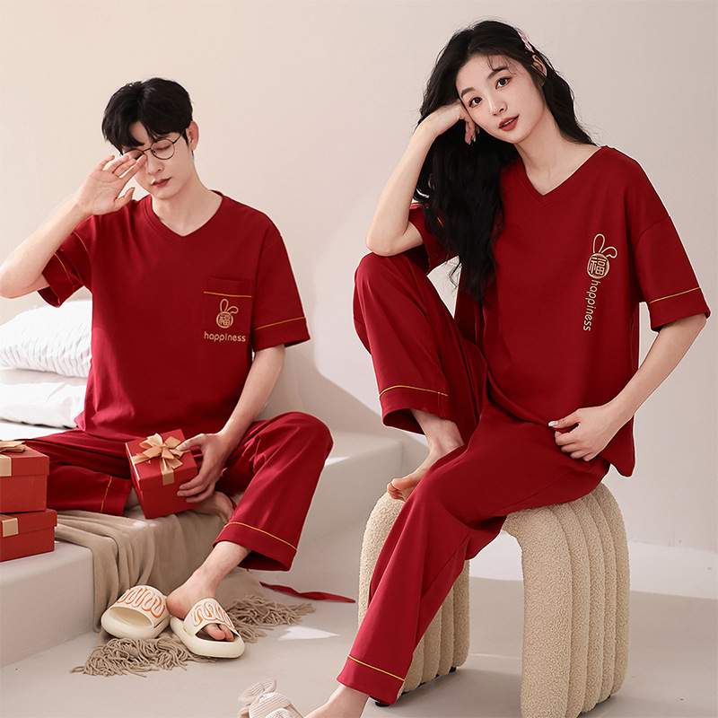 커플 잠옷 여름 순면 반팔 바지 웨딩 웨딩 빅 레드 라이프 년 남성과 여성 홈 의류 세트