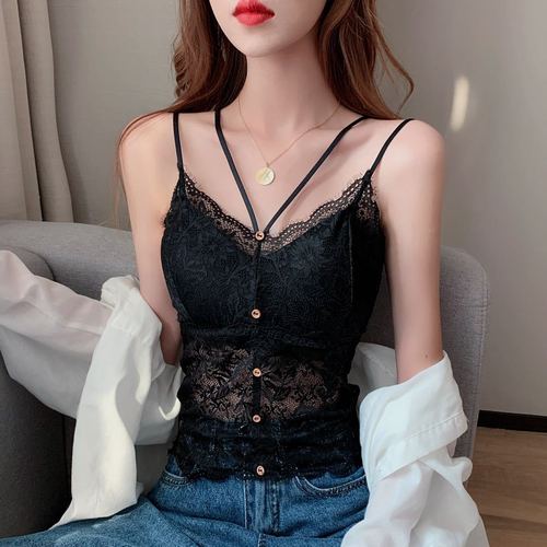 Button long sling lace five-button cross beautiful back and chest women's spaghetti straps thin off-shoulder vest bottoming underwear