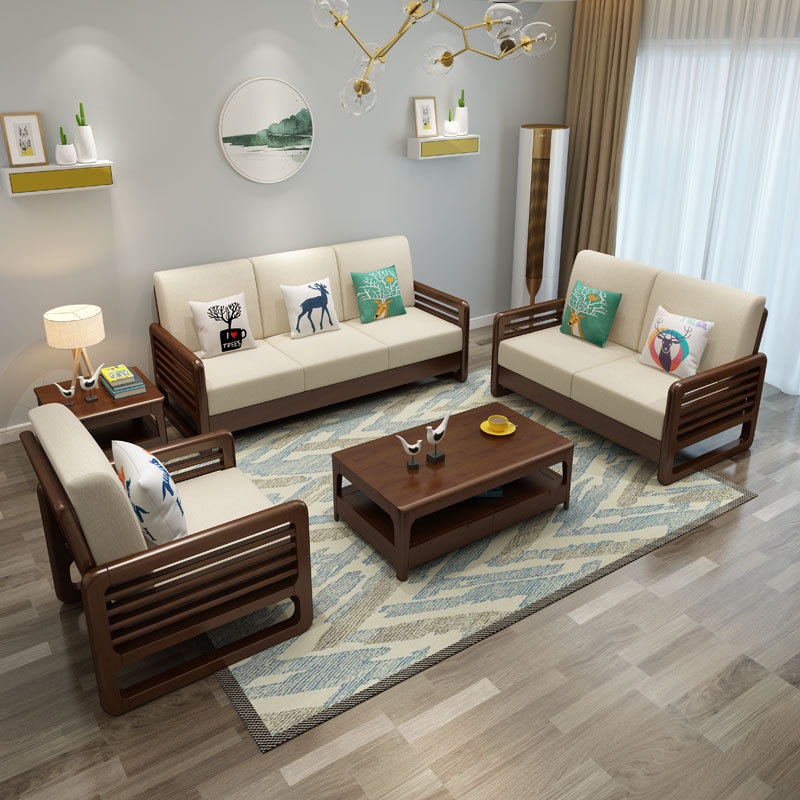 Nordic solid wood sofa set, minimalist modern small apartment living room three-seater, natural wood style fabric sofa, economical type