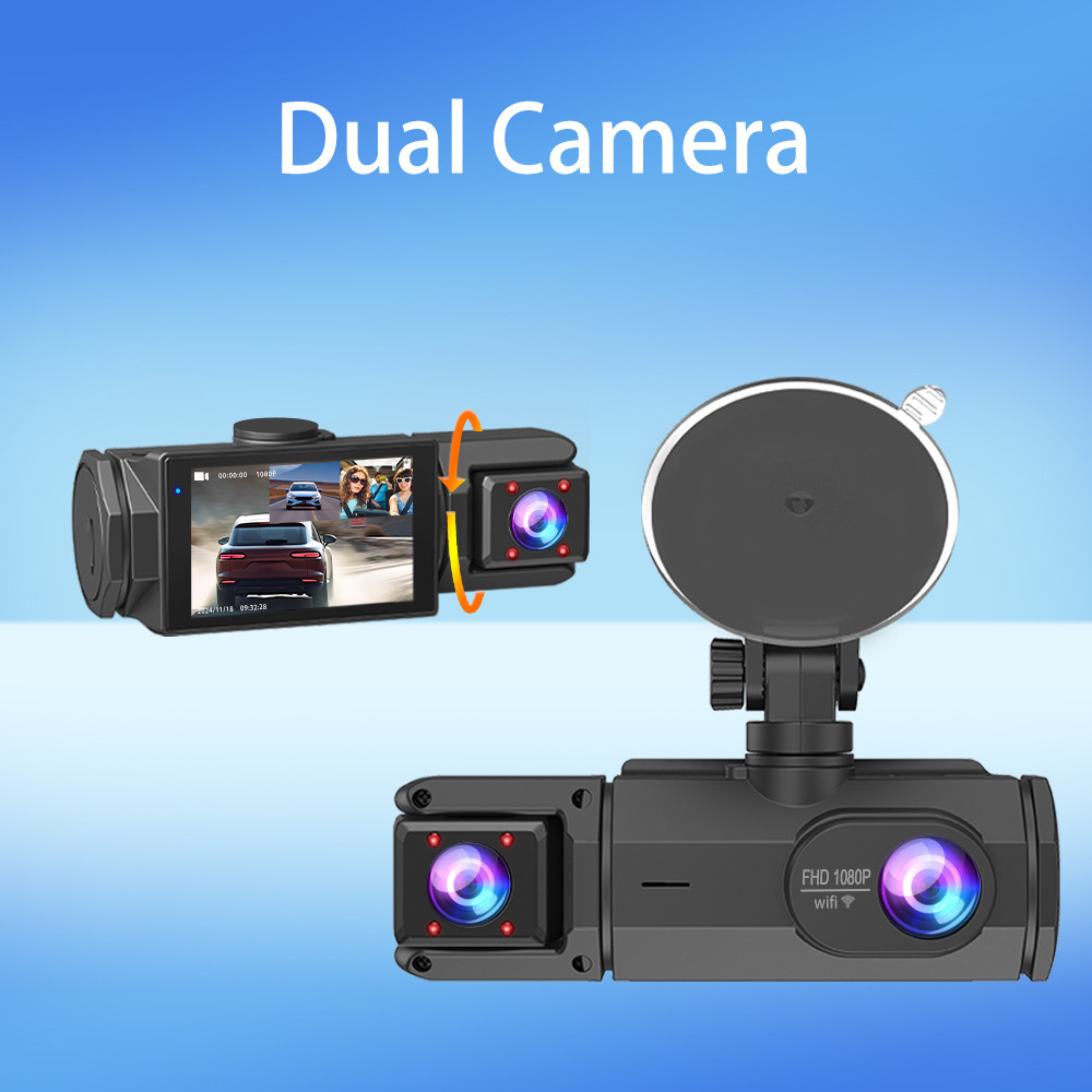 Cross-border bestseller: three-lens triple-recording dashcam with simultaneous front, interior, and rear recording, WiFi mobile phone connectivity