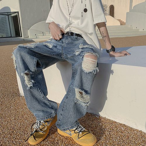 Ripped Denim Jeans for Men, Summer Style—Instagram-Famous High-Street Loose-Fit, Distressed Wide-Leg Pants with a Unique Designer Touch, Perfect for Trendy, Niche Brands