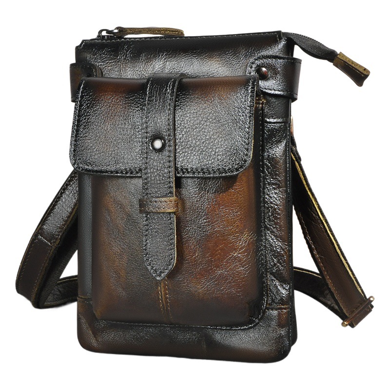 The first layer of tree cream leather men's fashionable cool mobile phone camera outdoor 10 inch small shoulder diagonal bag waist bag 8711