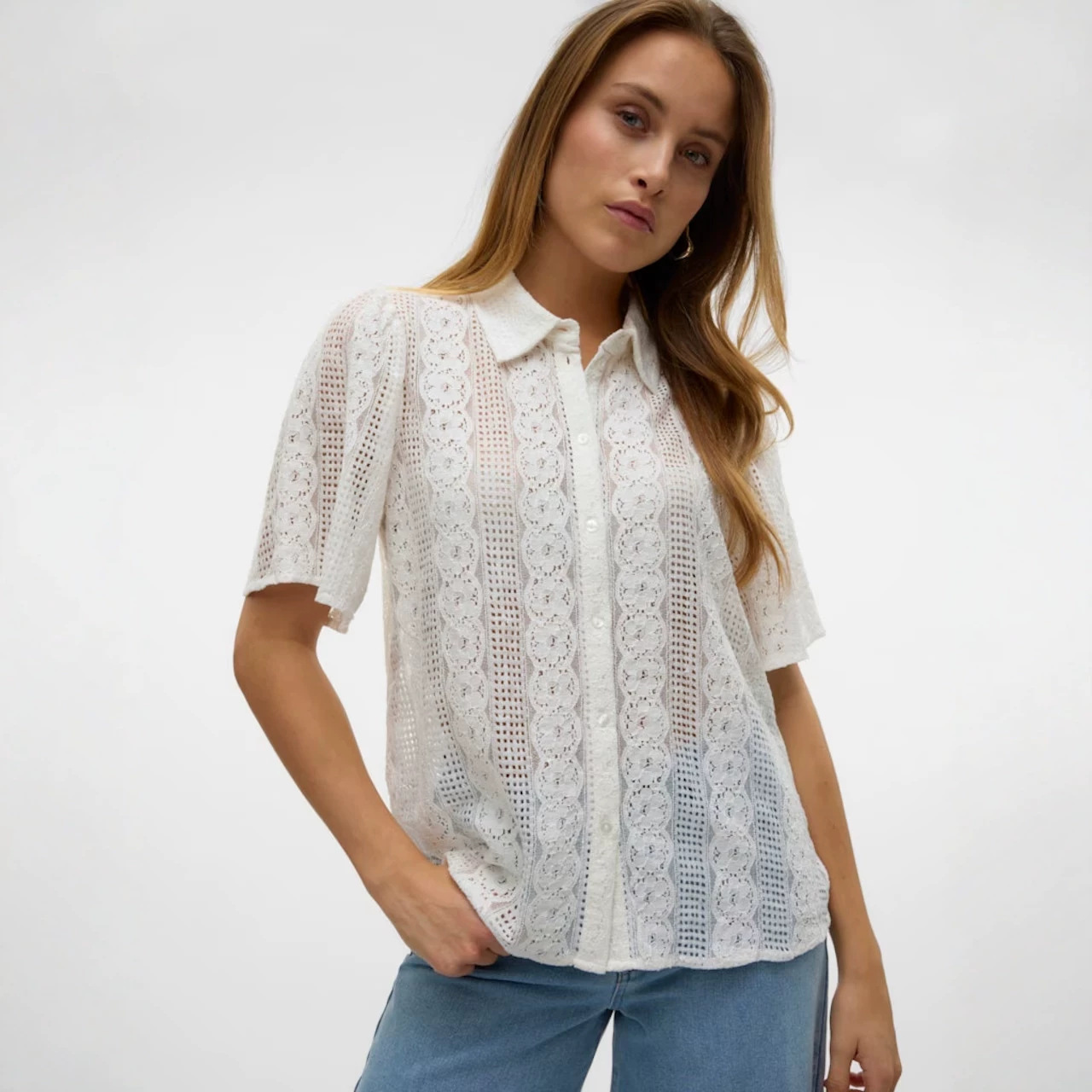 Camisas de encaje de algodón transpirables francesas de mangas cortas de verano nuevas elegantes de comercio exterior europeo y americano