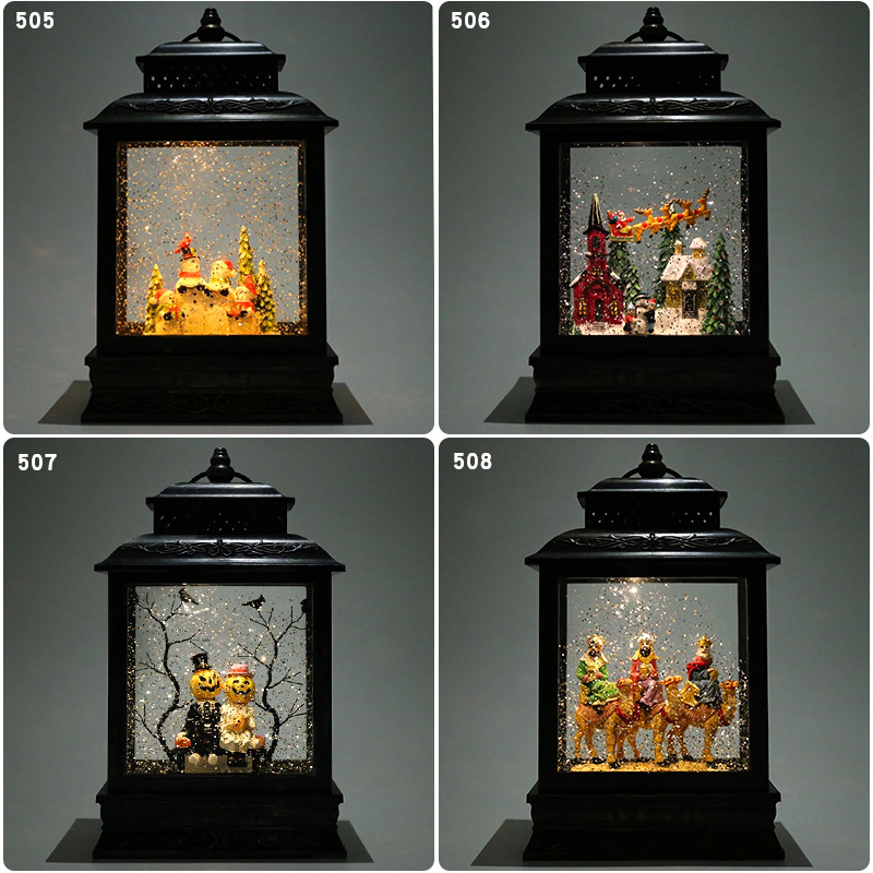 梦幻圣诞飘雪LED发光内景复古扁风灯工艺品手提油灯礼品摆件装饰
