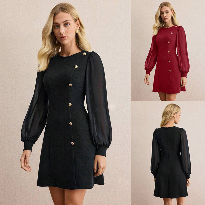 (Cross-border trading), spring fitted solid color long-sleeve with a round collar, dress, European style, Amazon