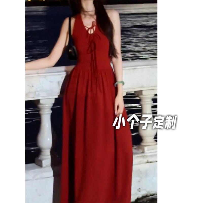 150小矮个子复古挂脖连衣裙女夏季海边度假中长款收腰法式吊带裙|undefined