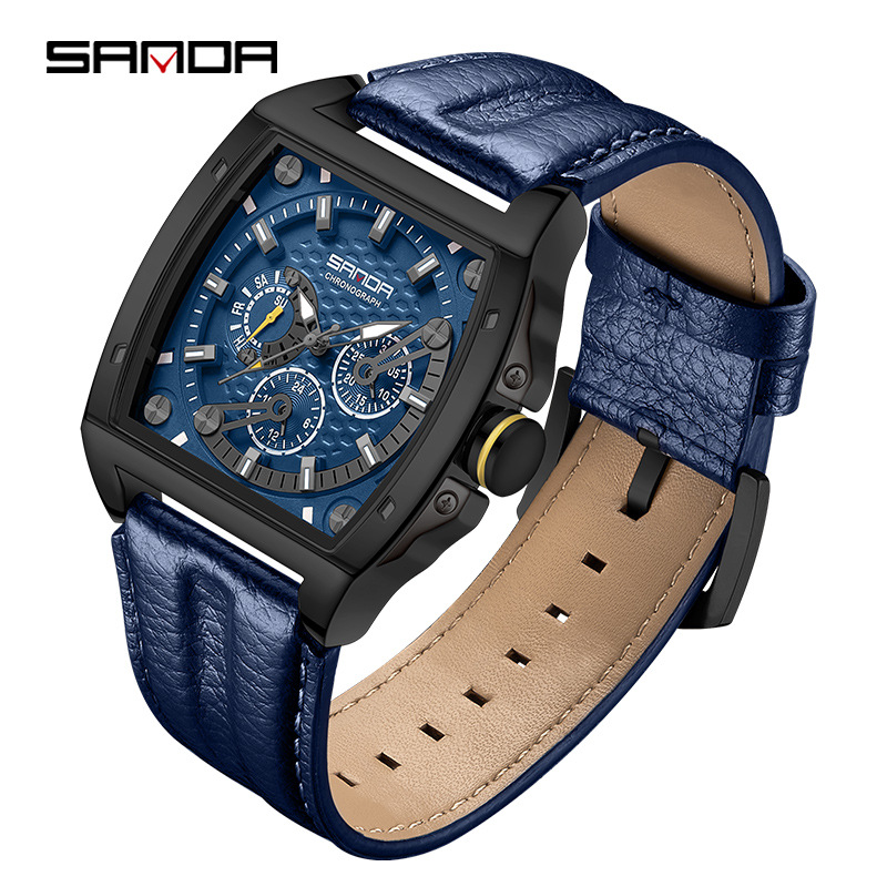 SANDA hombres barril reloj de cuarzo multifunción calendario semana 24 horas Correa reloj