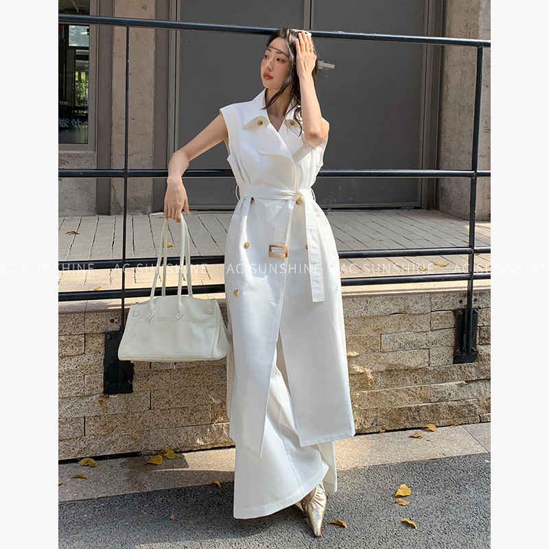 [No Returns or Exchanges] Classic Stylish Trench Coat-Style Vest Dress for Women with Double-Breasted Belt and Waist-Cinching Design 19595