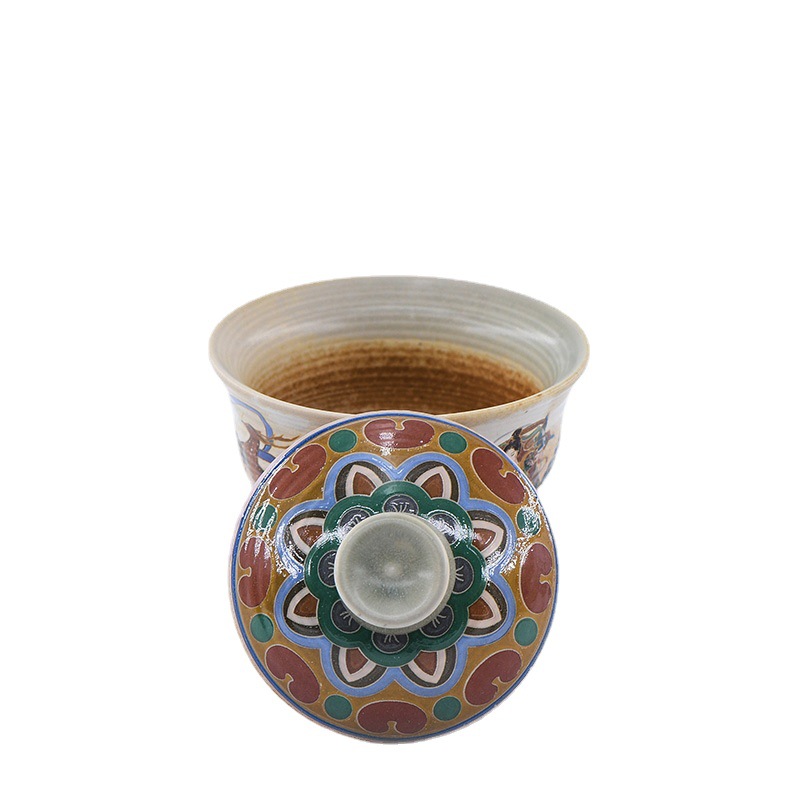Impresión de Dunhuang Apsara cubierta Tazón de cerámica juego de té Tazón cultural regalo creativo fabricante de té 150ml de alto Pie de dos piezas taza de té