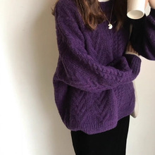 C029#韩版宽松麻花毛线上衣新款复古慵懒风外穿港味套头毛衣女