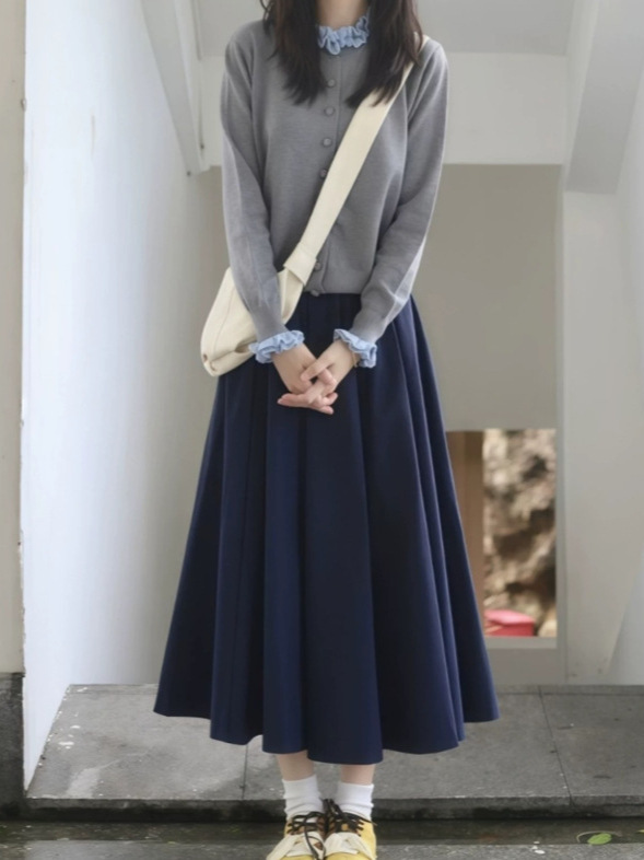 灰色花边领针织衫女2025秋季新款设计感韩系上衣女+半身裙套装女|undefined