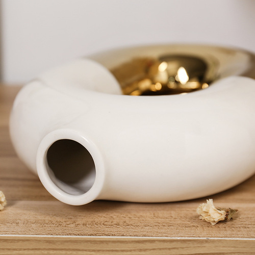 Luxury golden electroplated ceramic oval flower vase home craft art piece living room soft decoration 