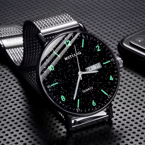 Mesh belt type luminous semi-digital black face [week calendar + waterproof and non-fading]·