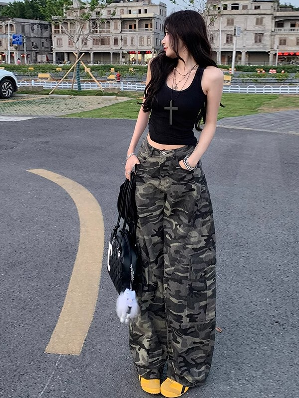Hip-Hop Style Camouflage Workwear Scimitar Jeans for Women, New Spring and Autumn High-Waisted Loose Slimming American Casual Pants Cotton
