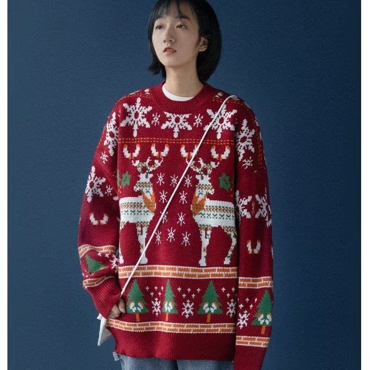 Christmas Red Sweater for Female Couple Loose Knitted High-End Retro Versatile Lazy Style Ins Knitted Top Christmas Red Sweater for Female Couple Loose Knitted High-End Retro Versatile Lazy Style Ins Knitted Top