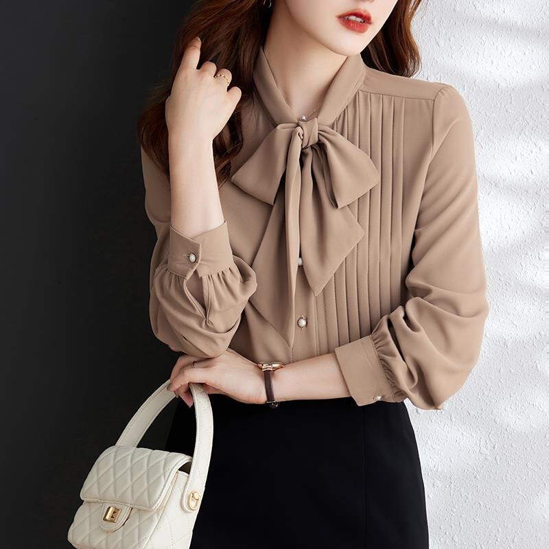 Light Brown Lace-Up Chiffon Long-Sleeved Shirt for Women with Bow Collar and Asymmetrical Design, 2026 New Style, Fashionable