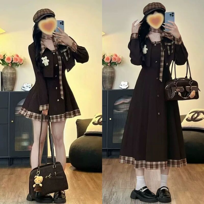[Caramel Coffee Four-Piece Set] Plaid Patchwork Dress and Short Blazer Two-Piece Set for Spring and Autumn