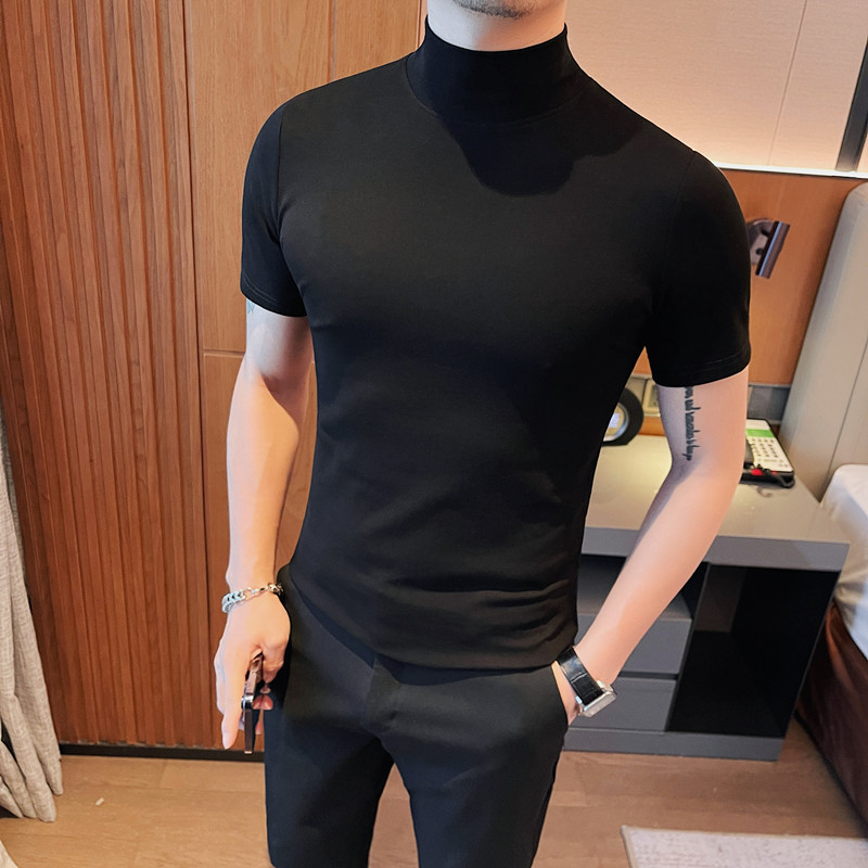 여름 새 남성용 쉐이크 톤 및 비밀 텍스트 미드 칼라 하프 하이 칼라 반팔 티셔츠 슬림 핏 솔리드 컬러 탄성 베이스 티셔츠