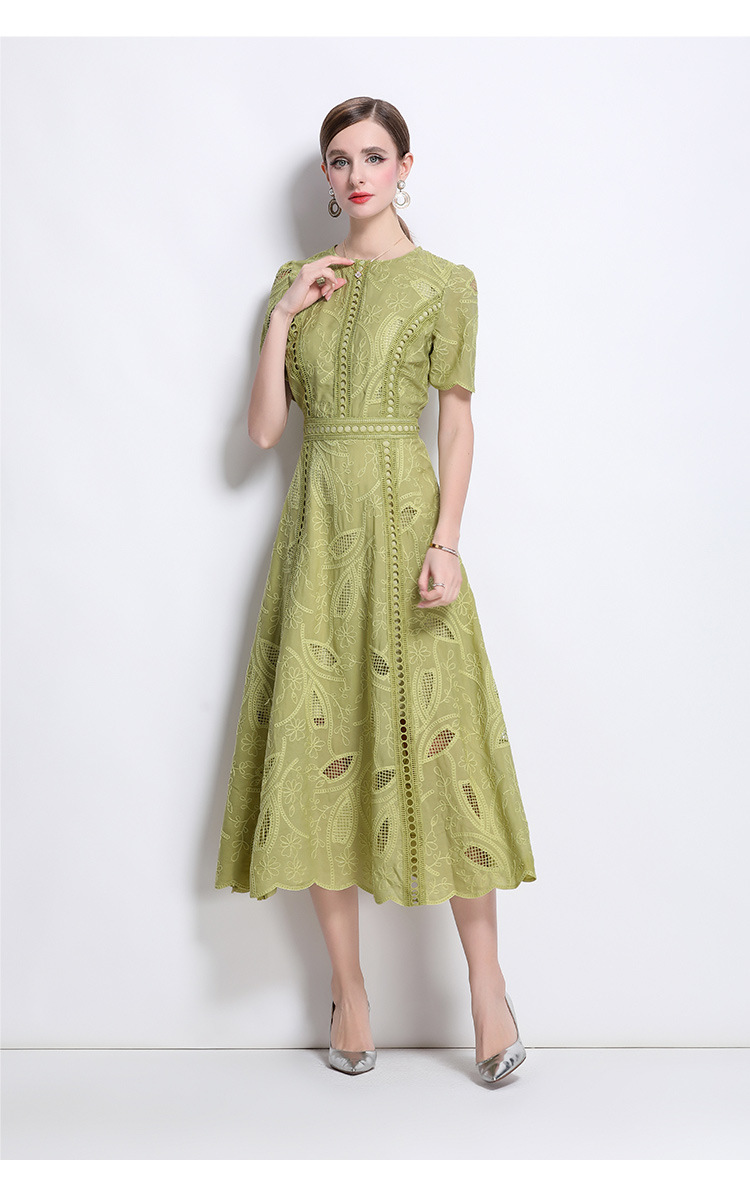 Đầm maxi nữ thắt eo cổ điển Pháp ren thêu họa tiết tay ngắn — màu đen, xanh nhạt, màu hồng, Xanh da trời nhạtcolor chi tiết 14