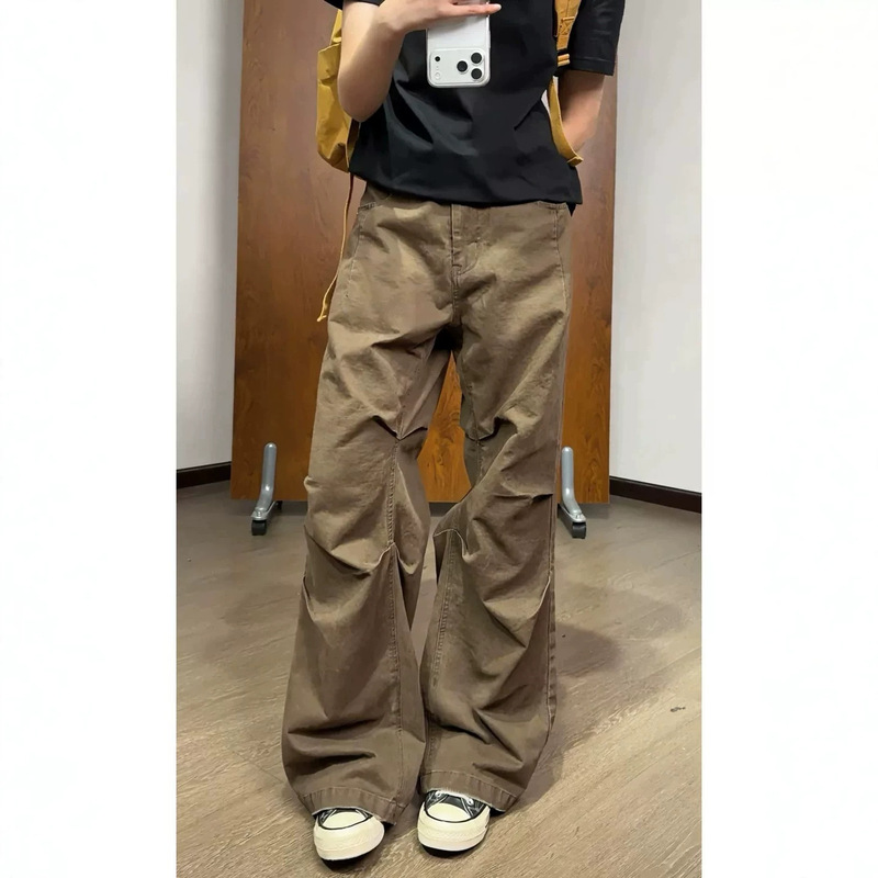 American retro vintage lumberjack work pants for men and women, autumn pleated pure cotton straight pants, slightly flared jeans